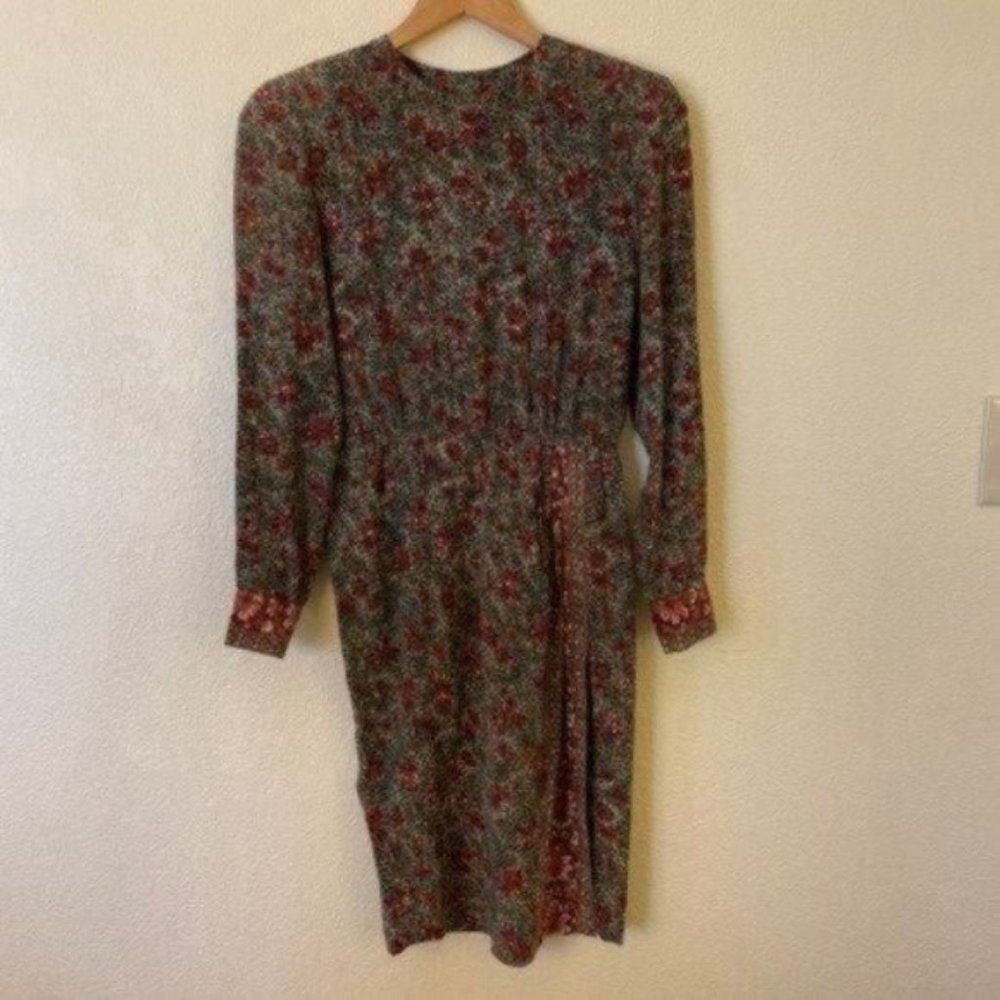 Gorgeous Vintage Liz Claiborne 100% Silk Floral Long Sleeve Midi Dress | Size 4 - Picture 2 of 11